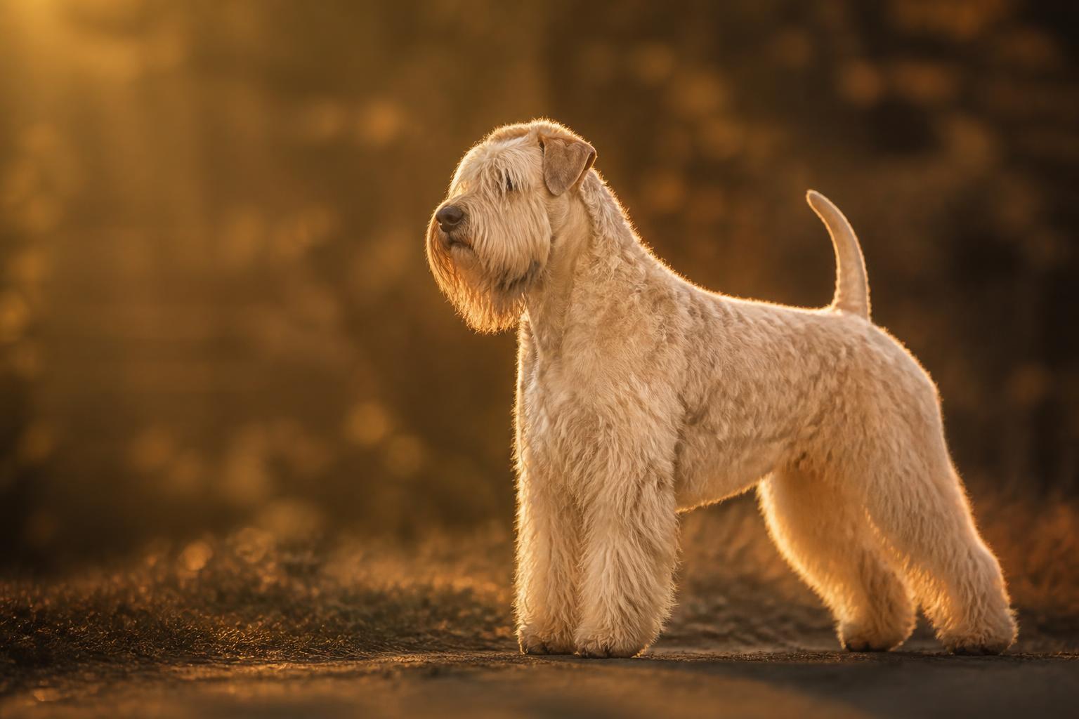 Irish Soft Coated Wheaten Terrier standing in golden evening light
